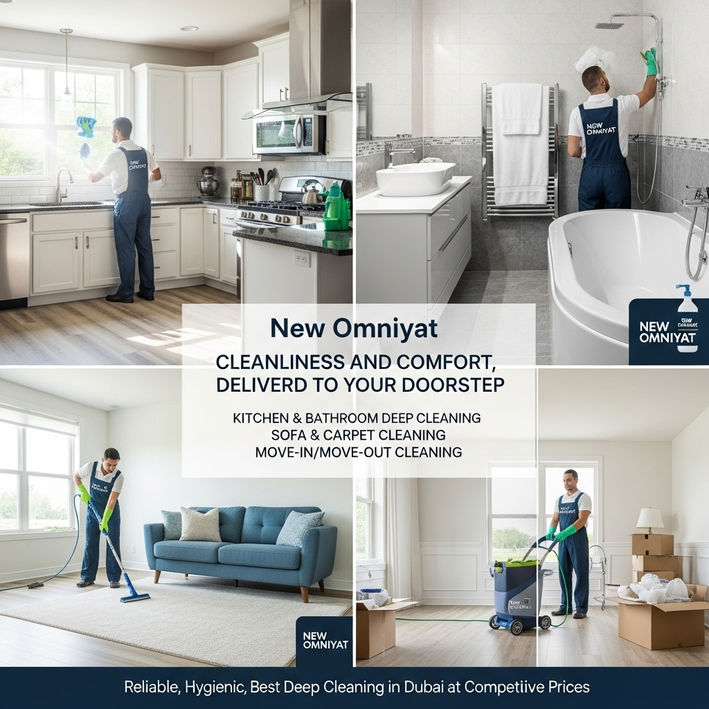Professional deep cleaning in Dubai by New Omniyat team using eco-friendly products to clean a modern apartment interior.