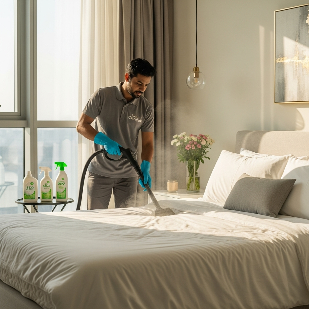 Professional cleaner from New Omniyat performing mattress deep cleaning in a modern Dubai bedroom using steam equipment and eco-friendly products.